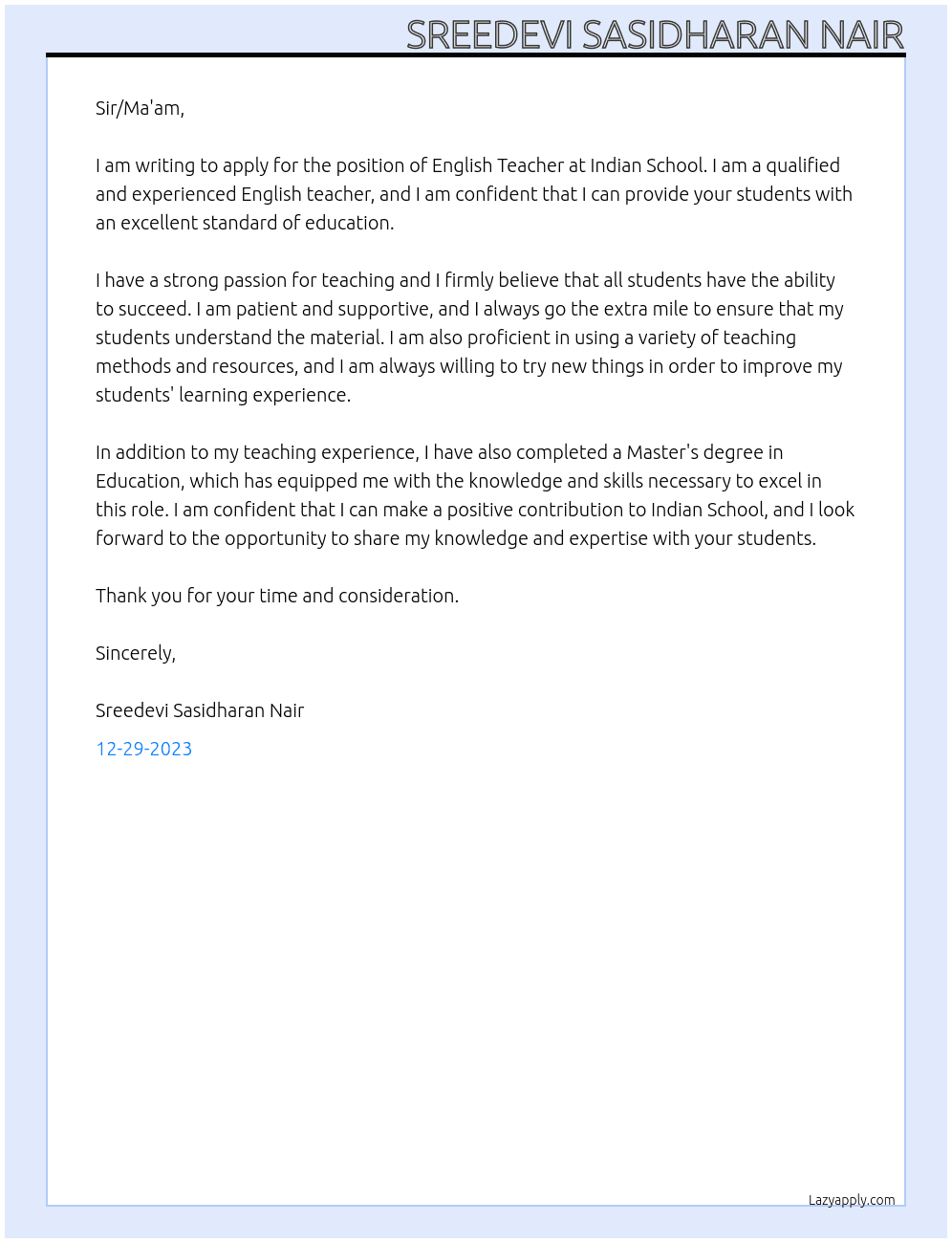 English  Teacher  At Indian  School  Cover Letter