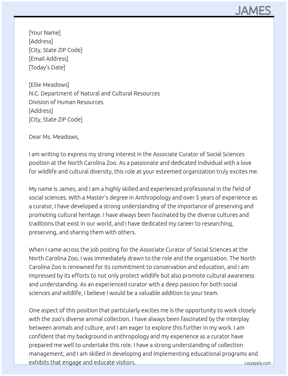 Associate Curator of Social Sciences At North Carolina Zoo Cover Letter