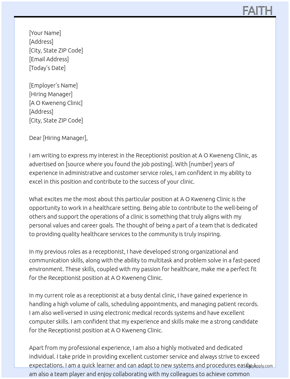 Receptionist  At A O kweneng Clinic Cover Letter