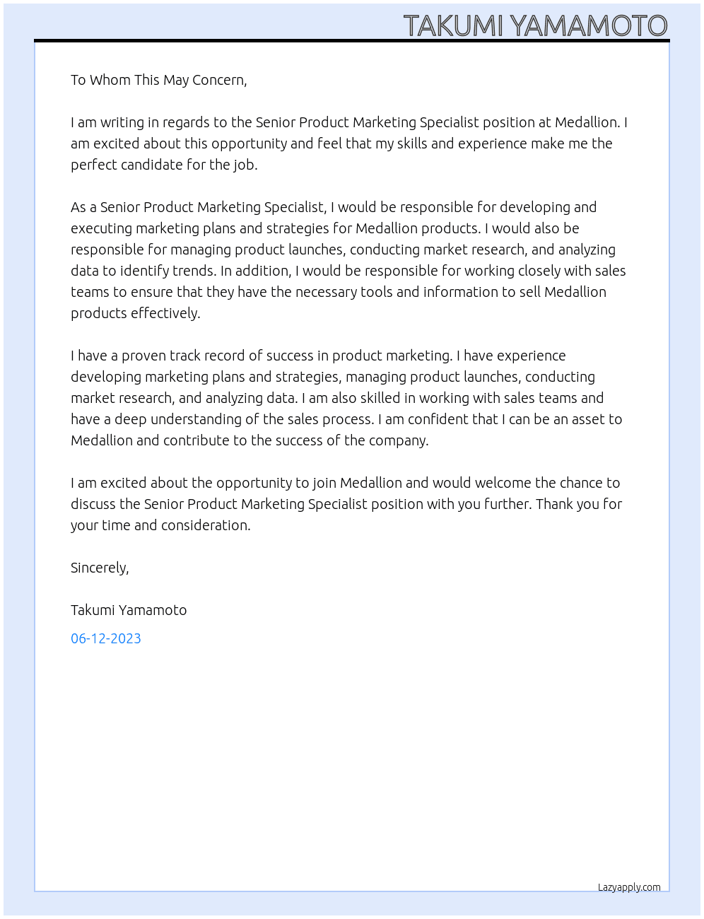 Senior Product Marketing Specialist At Medallion Cover Letter