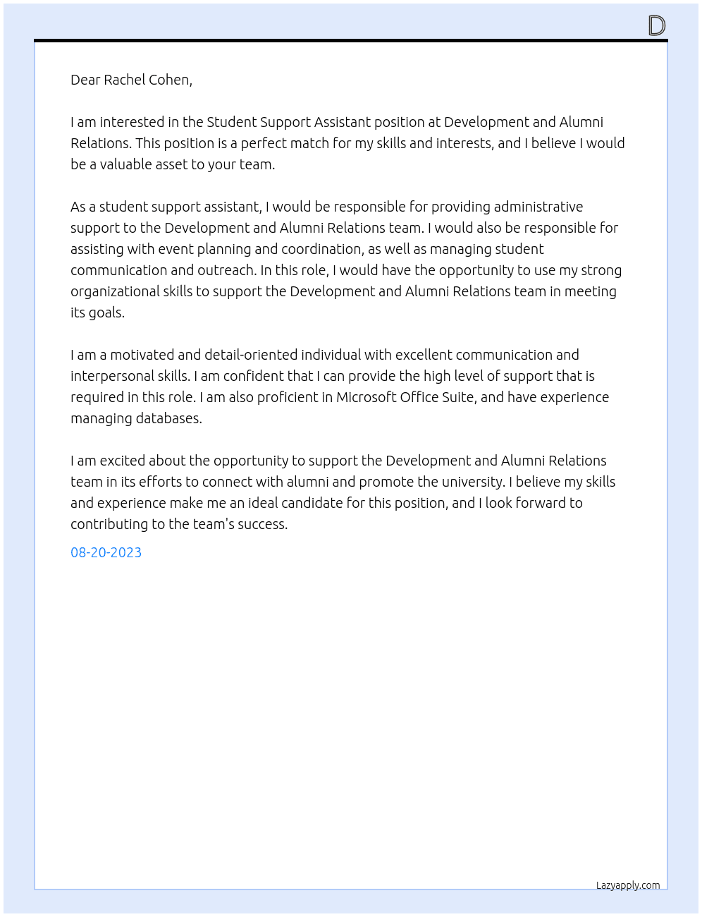  Student Support Assistant At Development and Alumni Relations Cover Letter