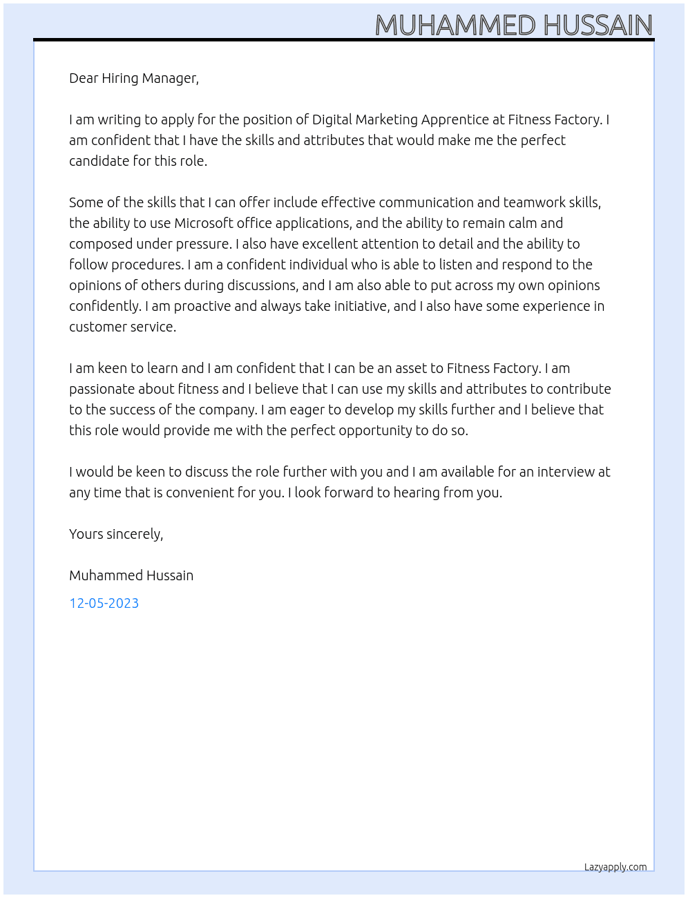 Digital Marketing Apprentice At Fitness Factory Cover Letter
