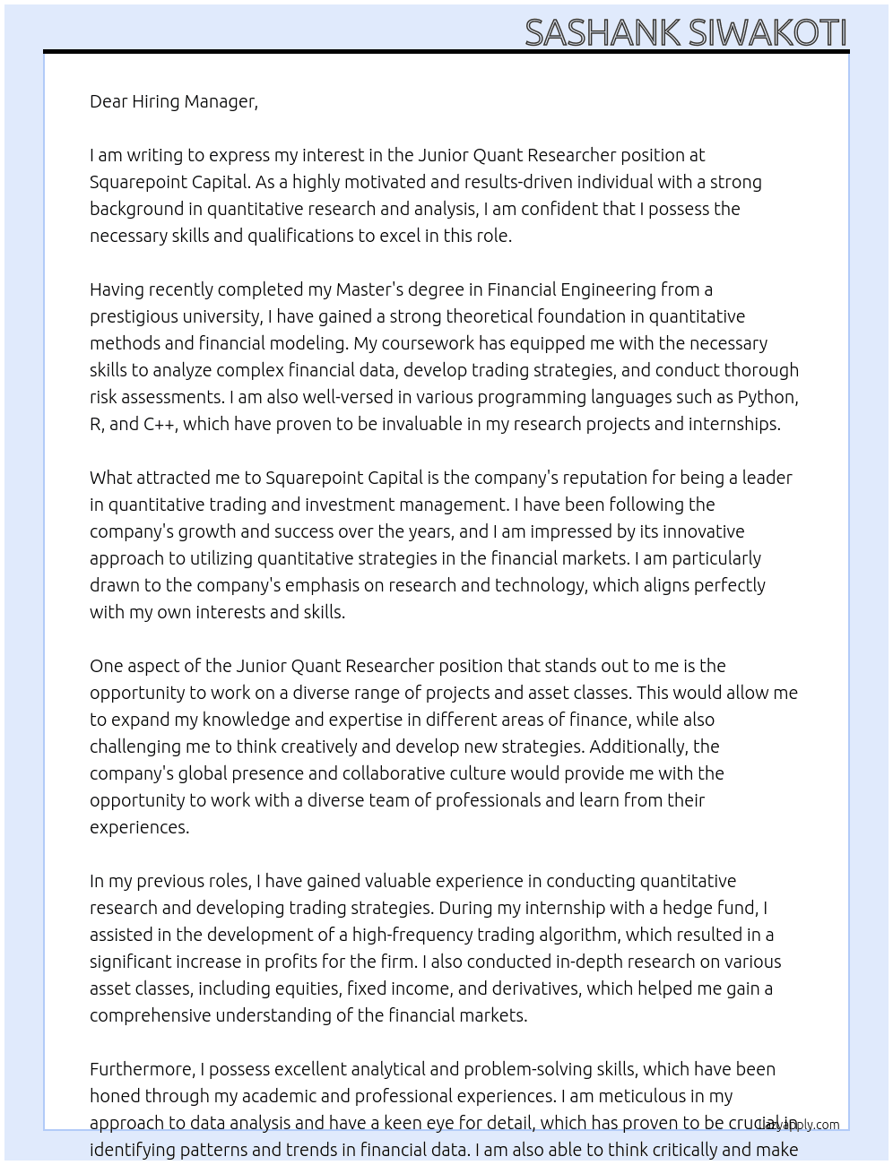 junior quant researcher At squarepoint capital Cover Letter