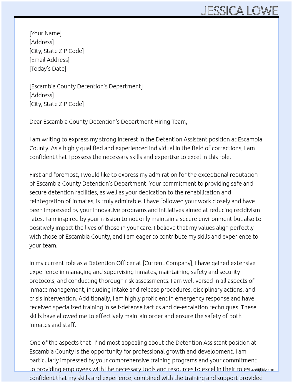 Detention Assistant  At Escambia County Cover Letter