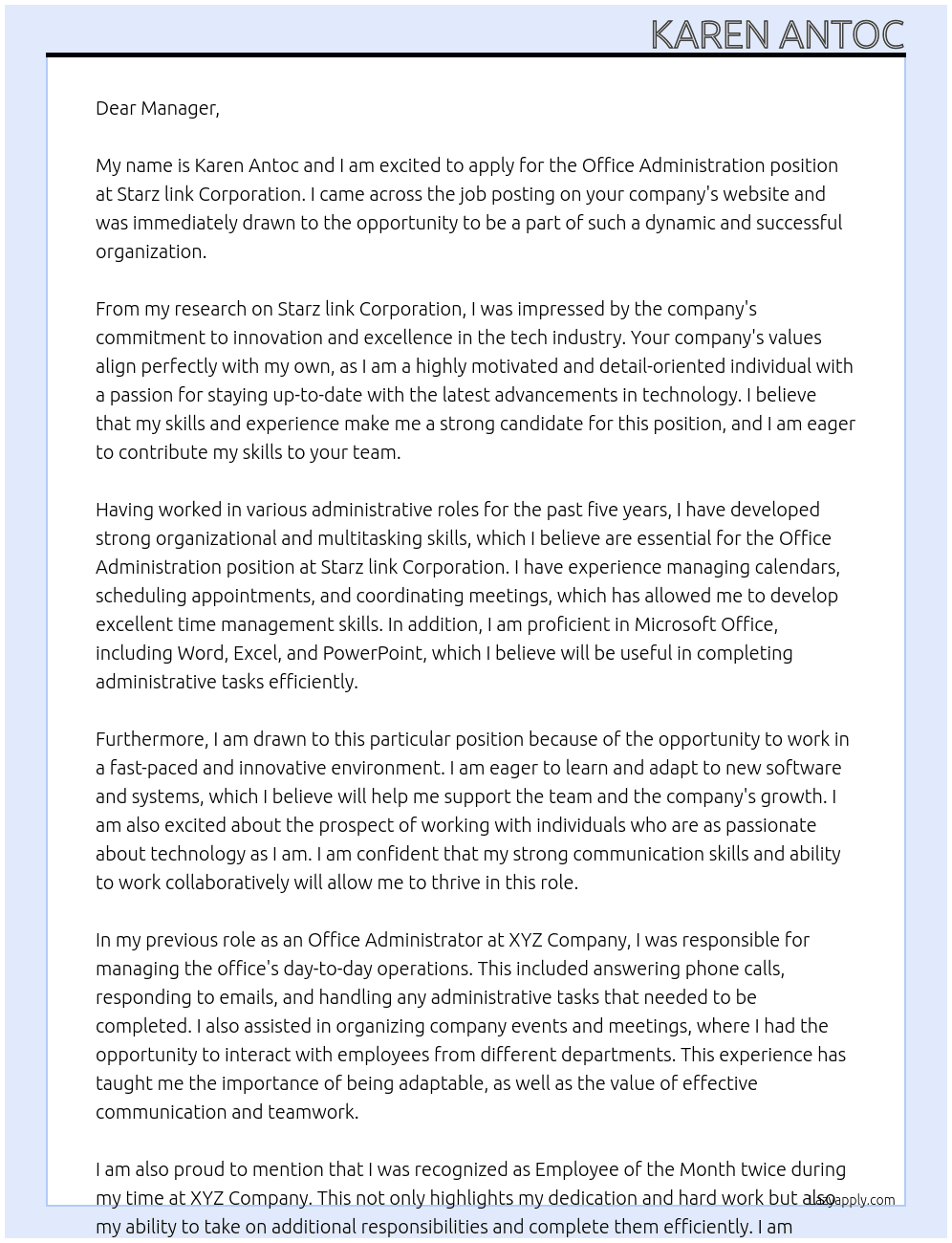 Office Administration At Starz link Corporation Cover Letter