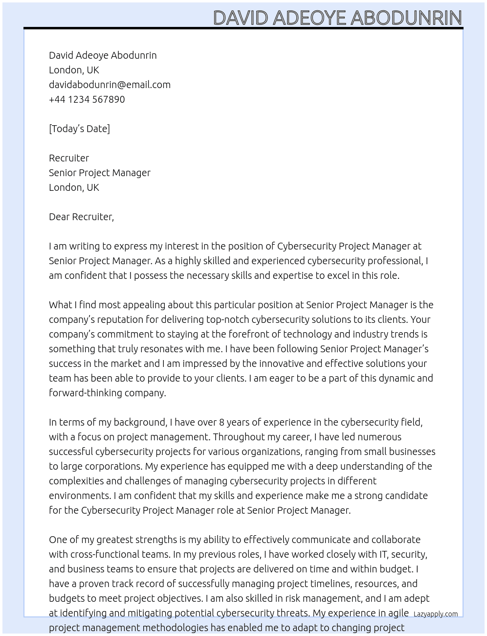 Cybersecurity Project Manager At Senior Project Manager Cover Letter