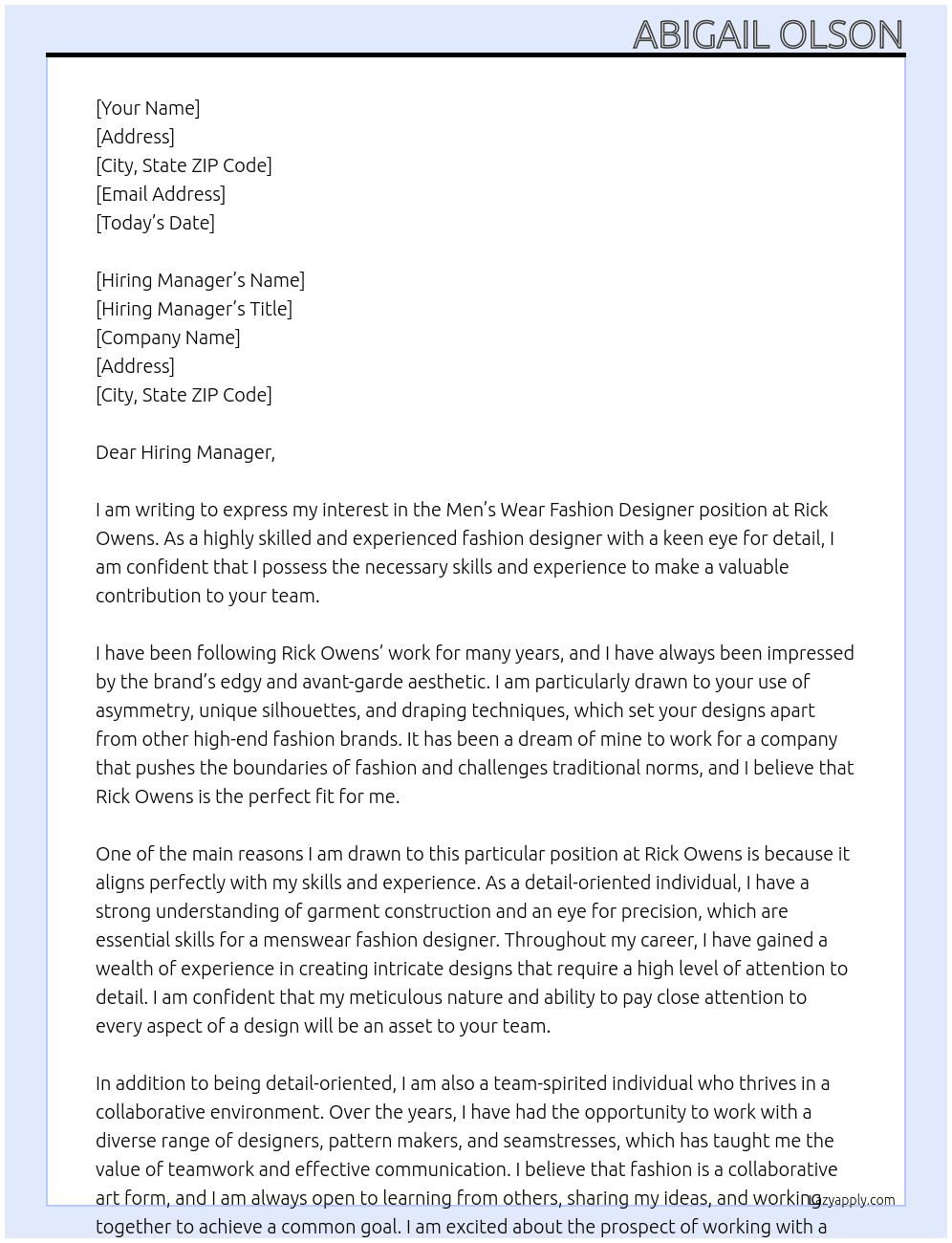 menswear fashion designer At Rick Owens Cover Letter