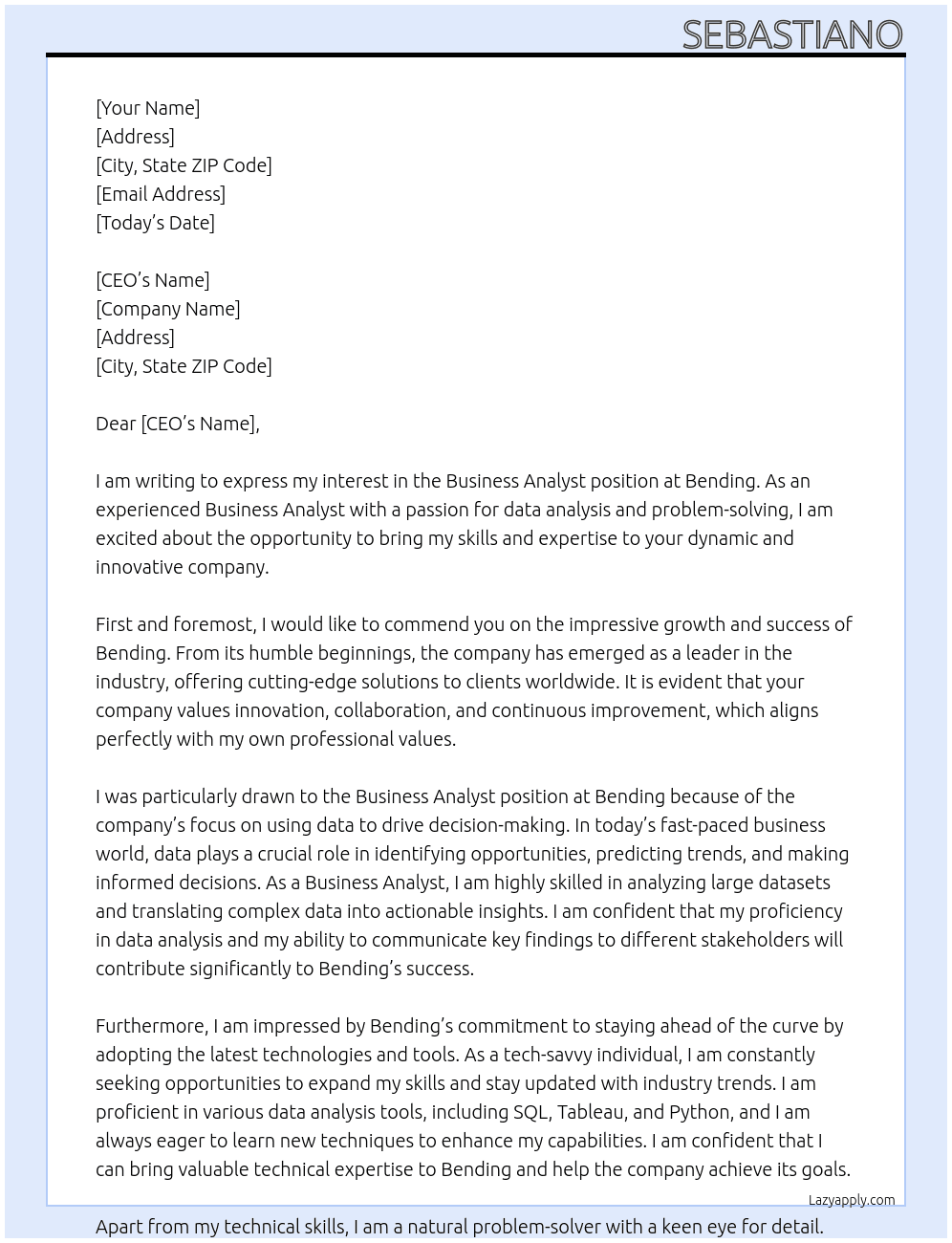 Business Analyst At Bending Cover Letter