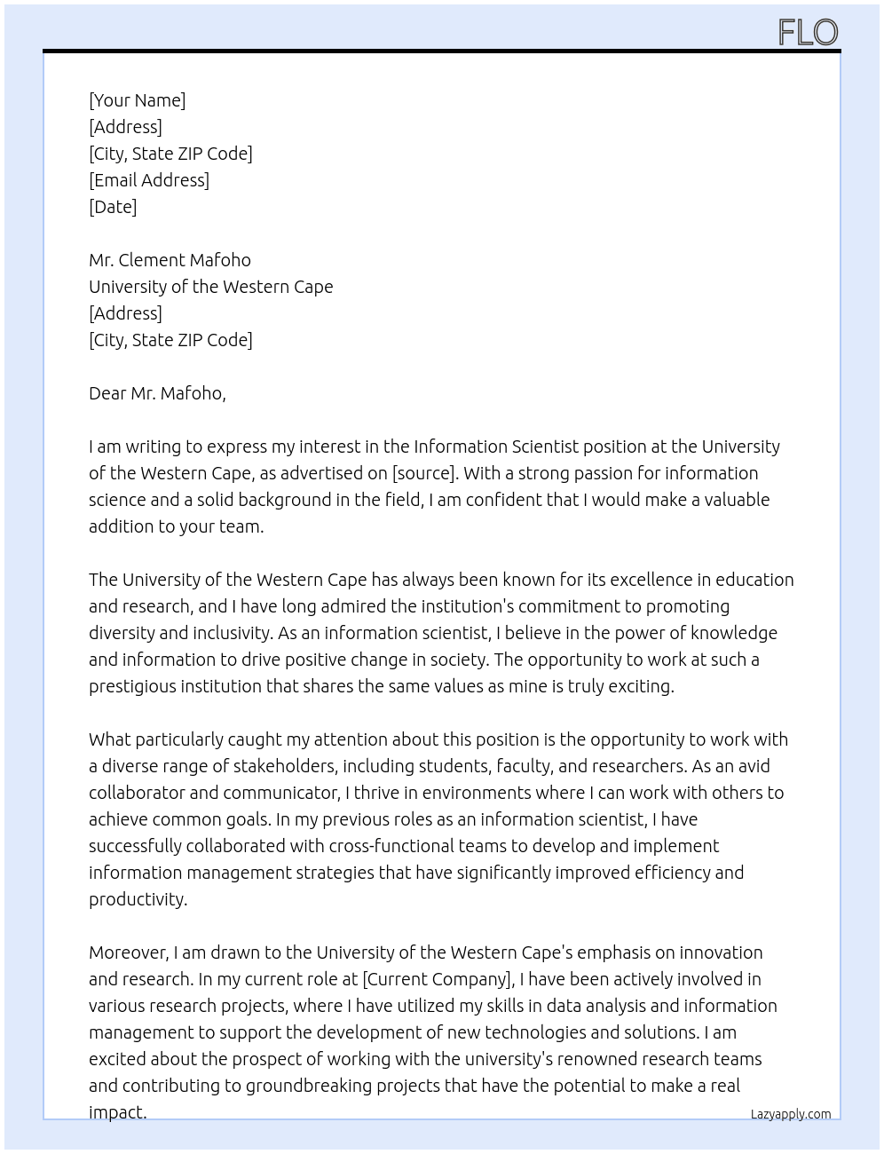 Information Scientist At University of the Western Cape Cover Letter