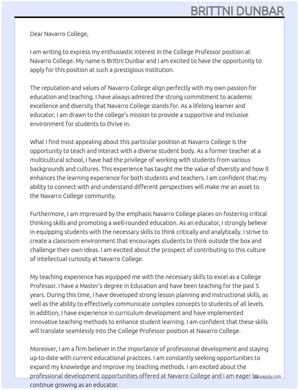 College Professor At Navarro College Cover Letter