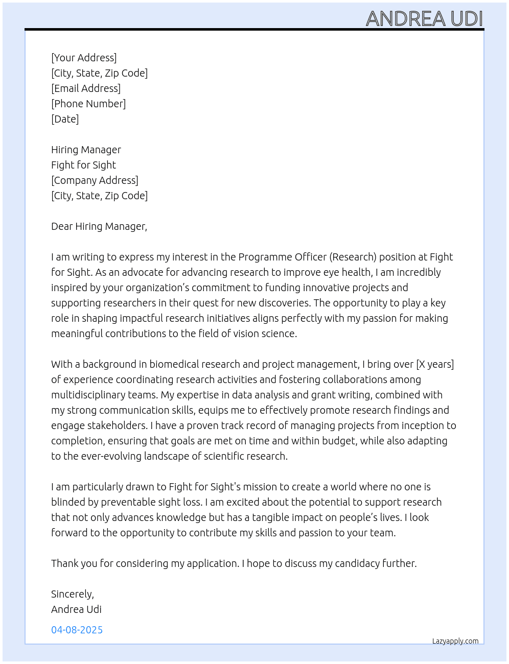 Programme Officer (Research) At Fight for Sight  Cover Letter