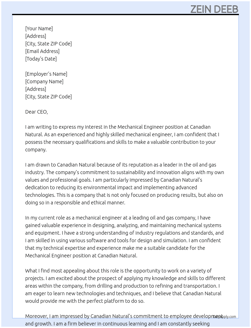 Mechanical Engineer At Canadian natural Cover Letter