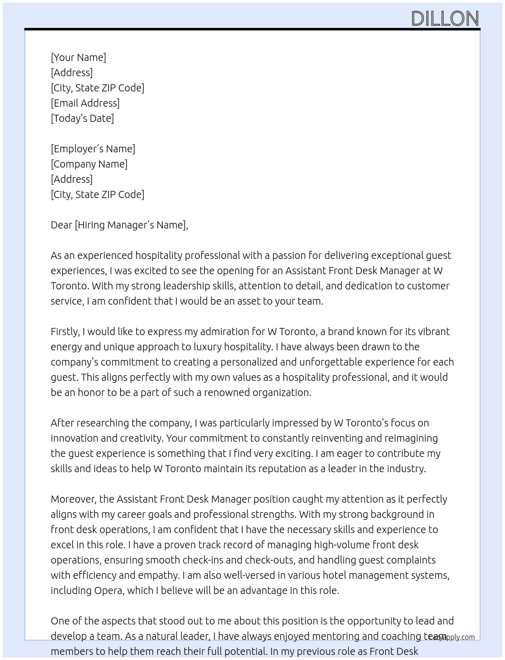 Assistant Front Desk Manager At W Toronto  Cover Letter