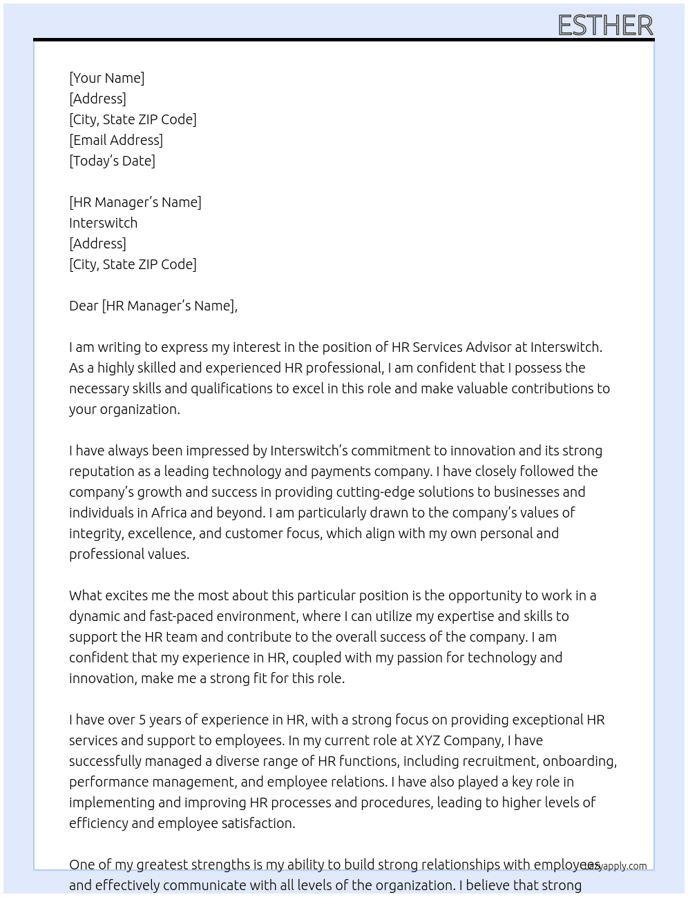 HR Services Advisor At Interswitch Cover Letter