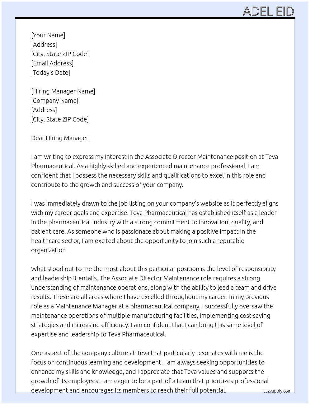 Associate Director Maintenance At  Teva Pharmaceutical  Cover Letter