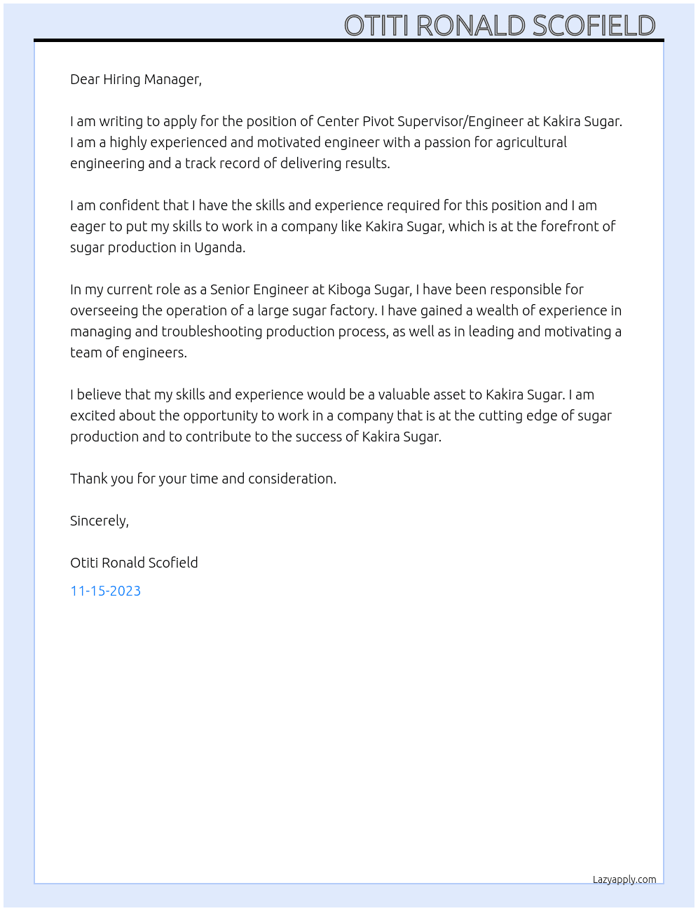 Center Pivot Supervisor/Engineer  At Kakira Sugar Cover Letter