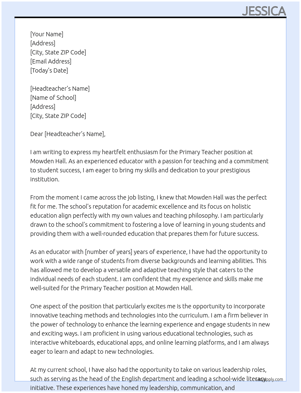 Primary Teacher At Mowden Hall Cover Letter