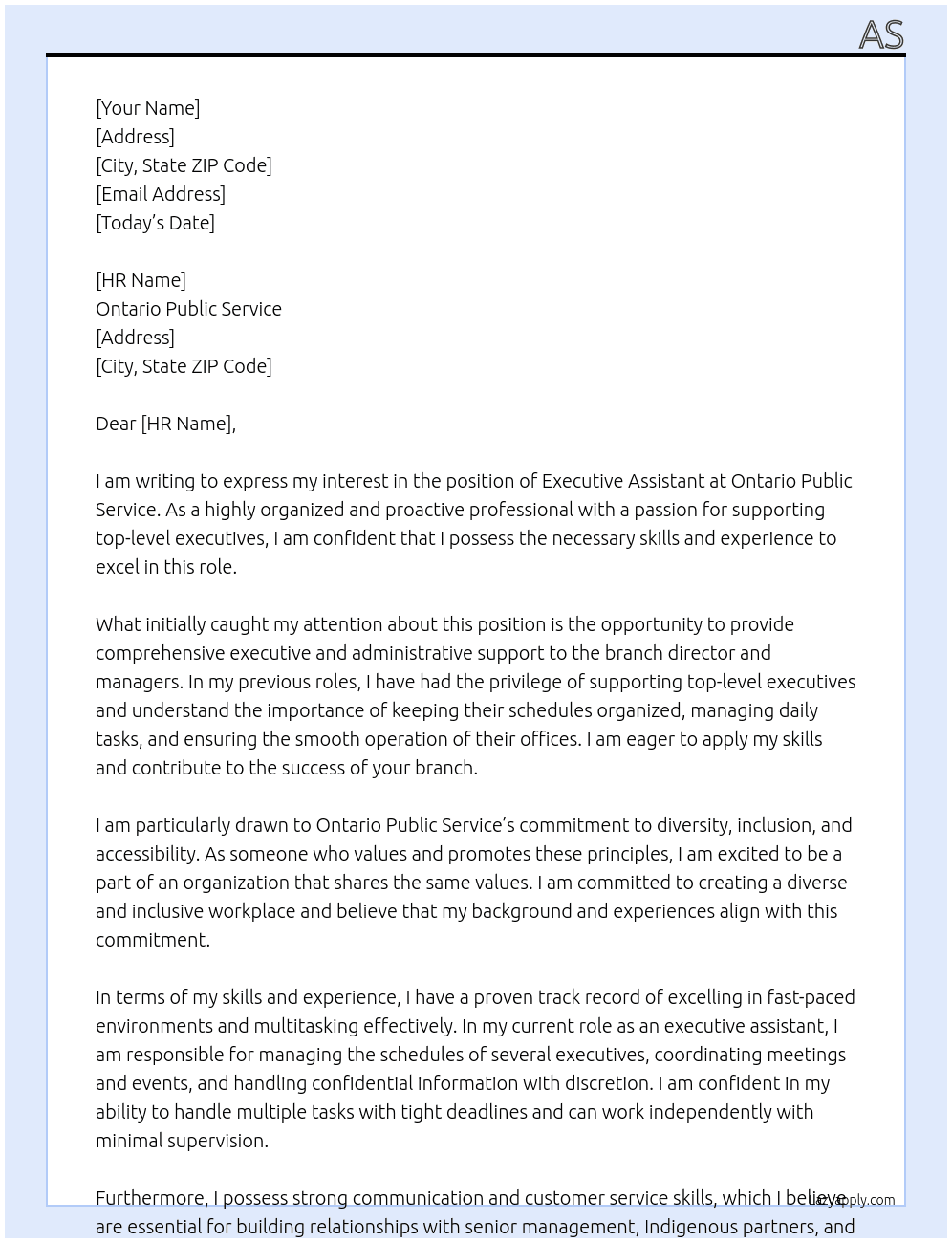 Executive Assistant At Ontario Public Service Cover Letter