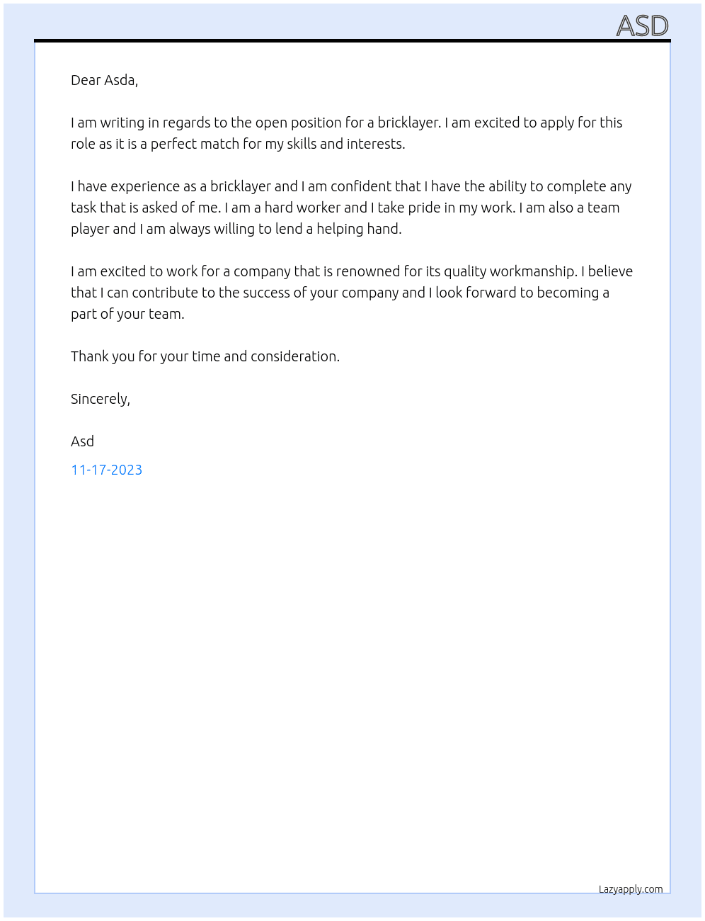 Brick layer At asda Cover Letter