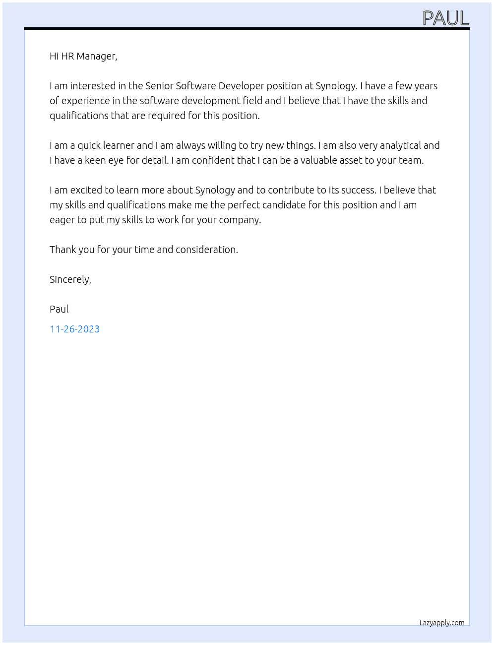 Senior Software Developer At Synology Cover Letter