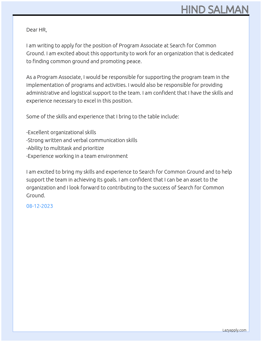  Program Associate  At Search for Common Ground Cover Letter