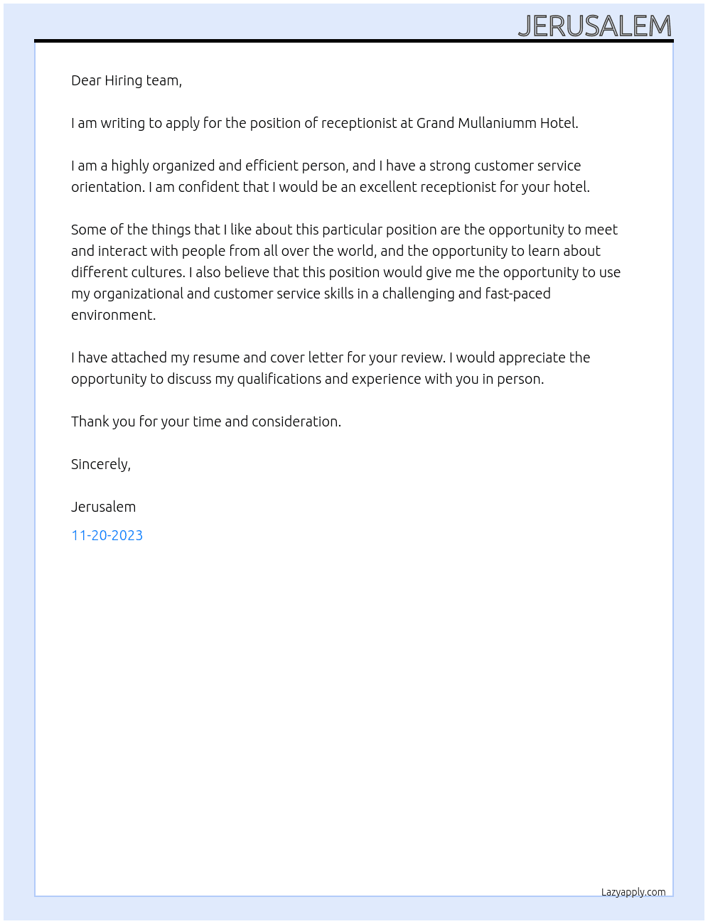 Receptionist  At Grand Mullaniumm Hotel  Cover Letter
