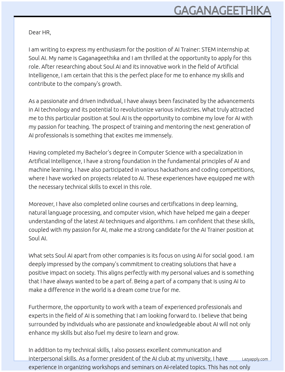 AI Trainer: STEM internship At Soul AI Cover Letter