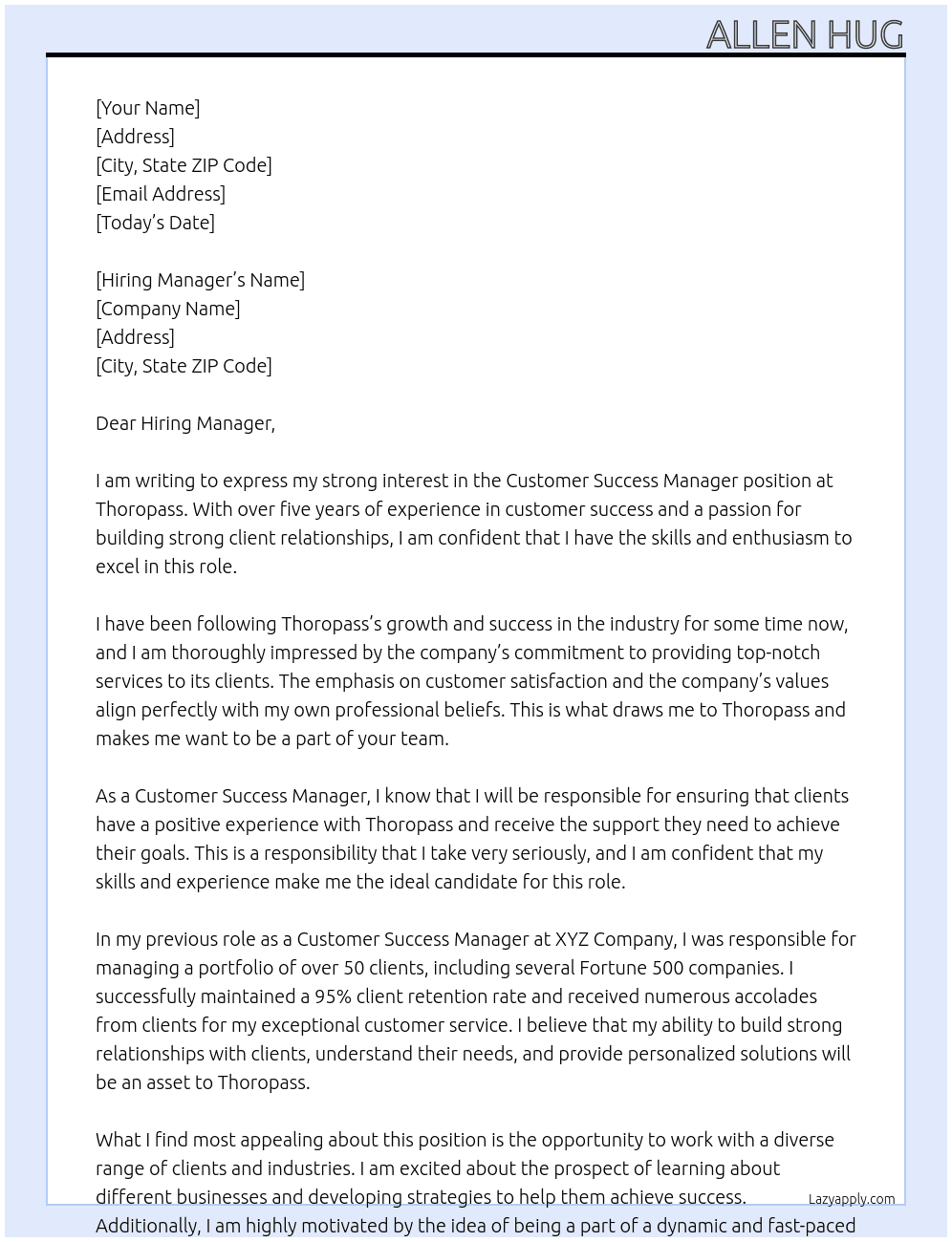 Customer Success Manager At Thoropass Cover Letter