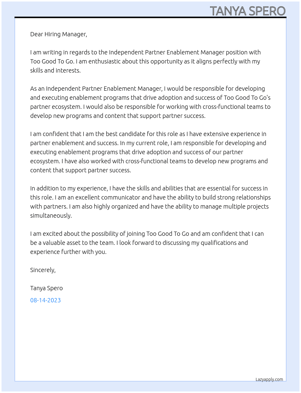 Independent Partner Enablement Manager At Too Good To Go Cover Letter