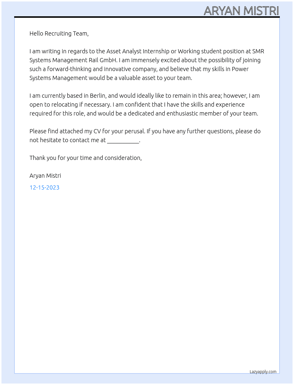 Asset Analyst Internship or Working student At SMR Systems Management Rail GmbH Cover Letter