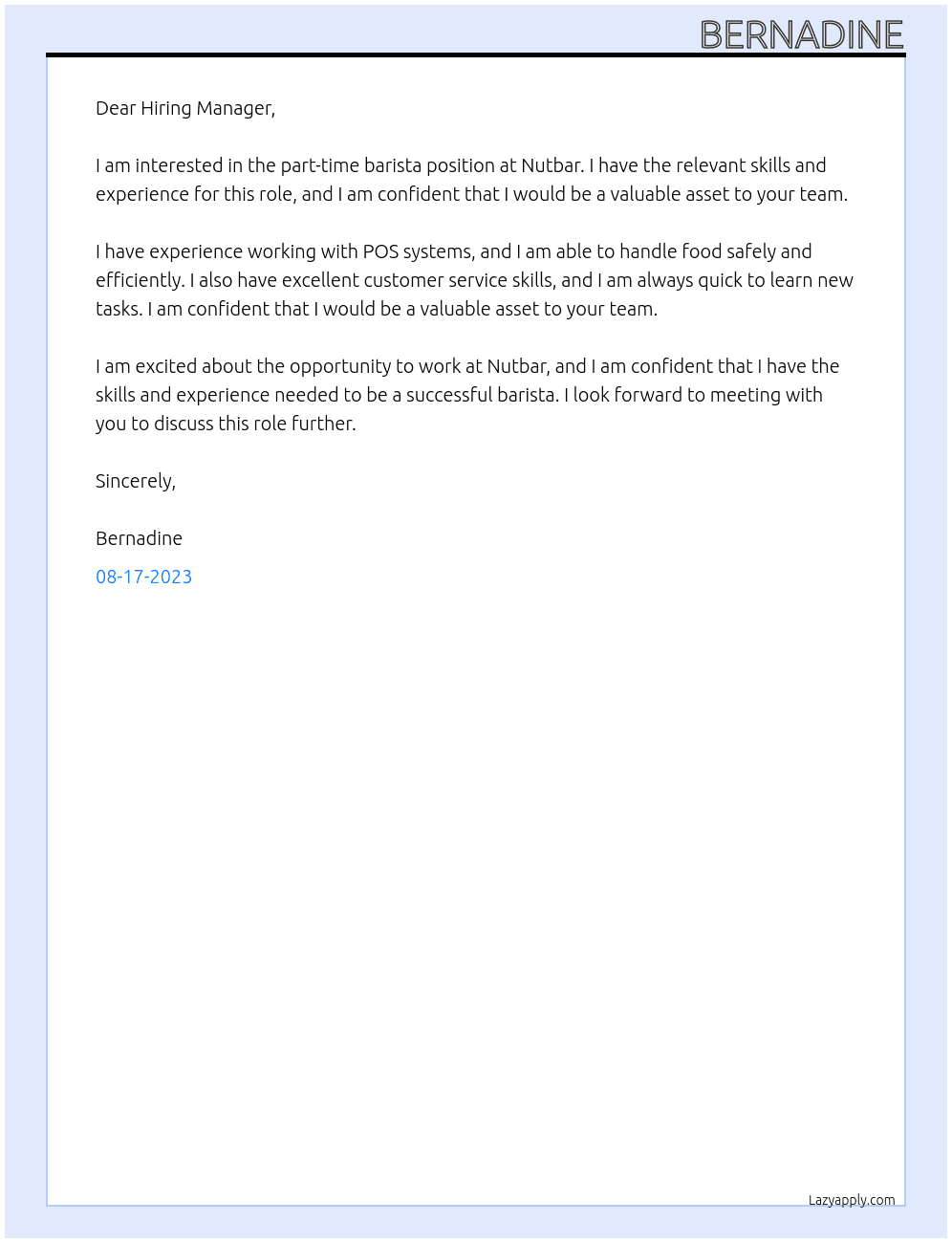 Barista At Nutbar Cover Letter