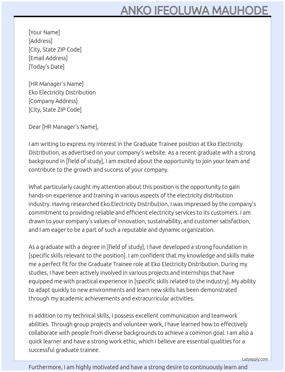 graduate trainee At Eko electricity distribution   Cover Letter