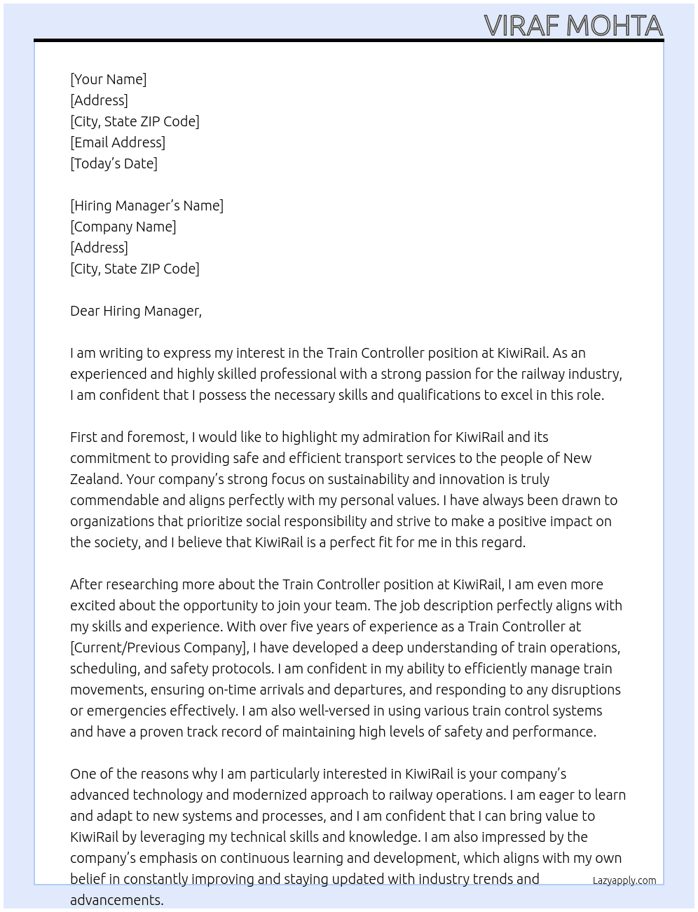 Cover letter for train controller - LazyApply