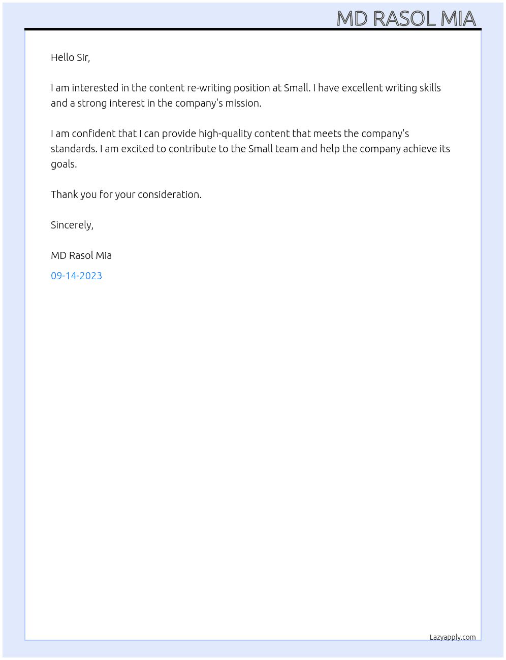 Content re writing  At Small Cover Letter
