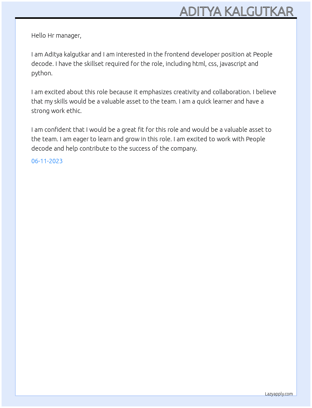 Frontend developer  At People decode Cover Letter
