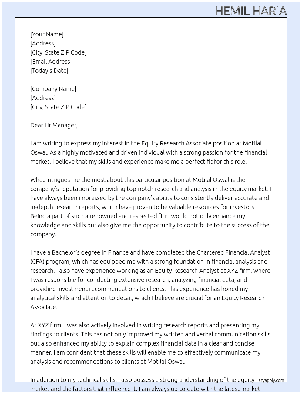 Equity Research Associate At Motilal Oswal  Cover Letter