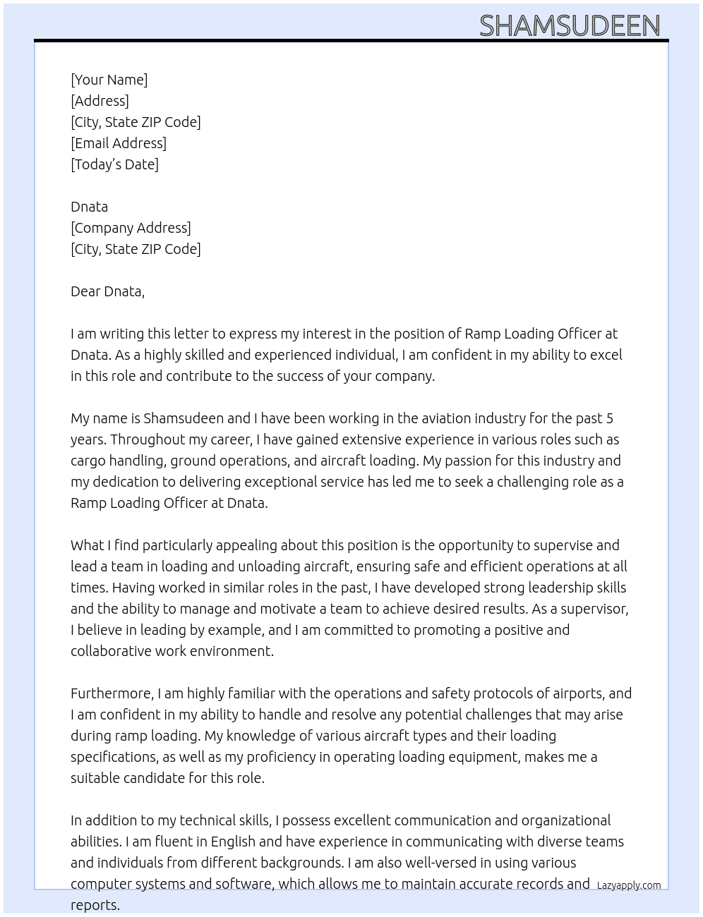 Cover letter for ramp loading officer - LazyApply