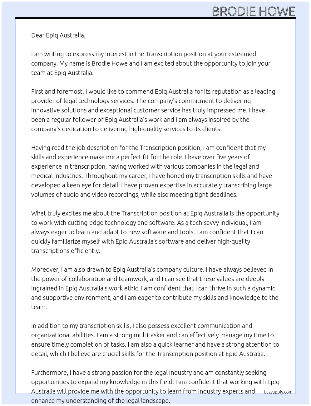 Transcription At Epiq Australia Cover Letter