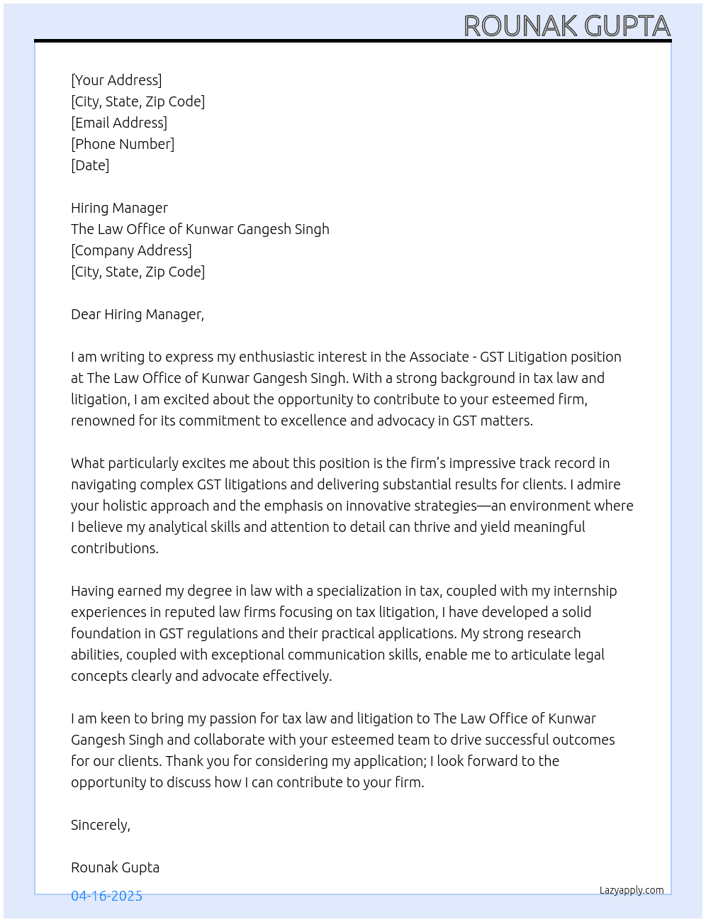 Associate- GST Litigation At The Law Office of Kunwar Gangesh Singh Cover Letter
