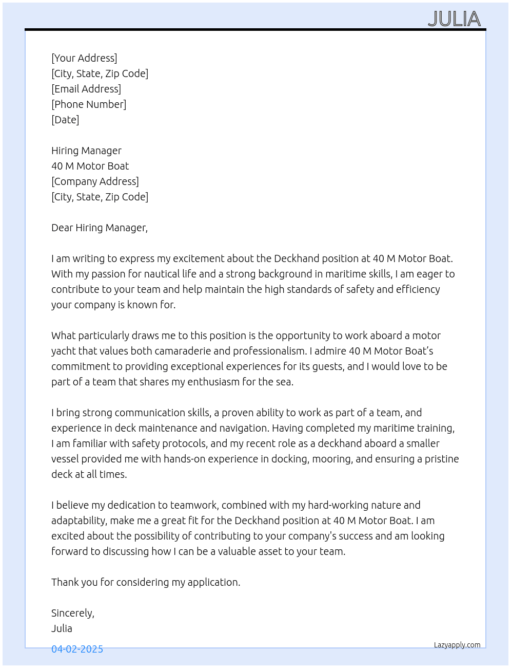 deckhand  At 40 m motor boat  Cover Letter
