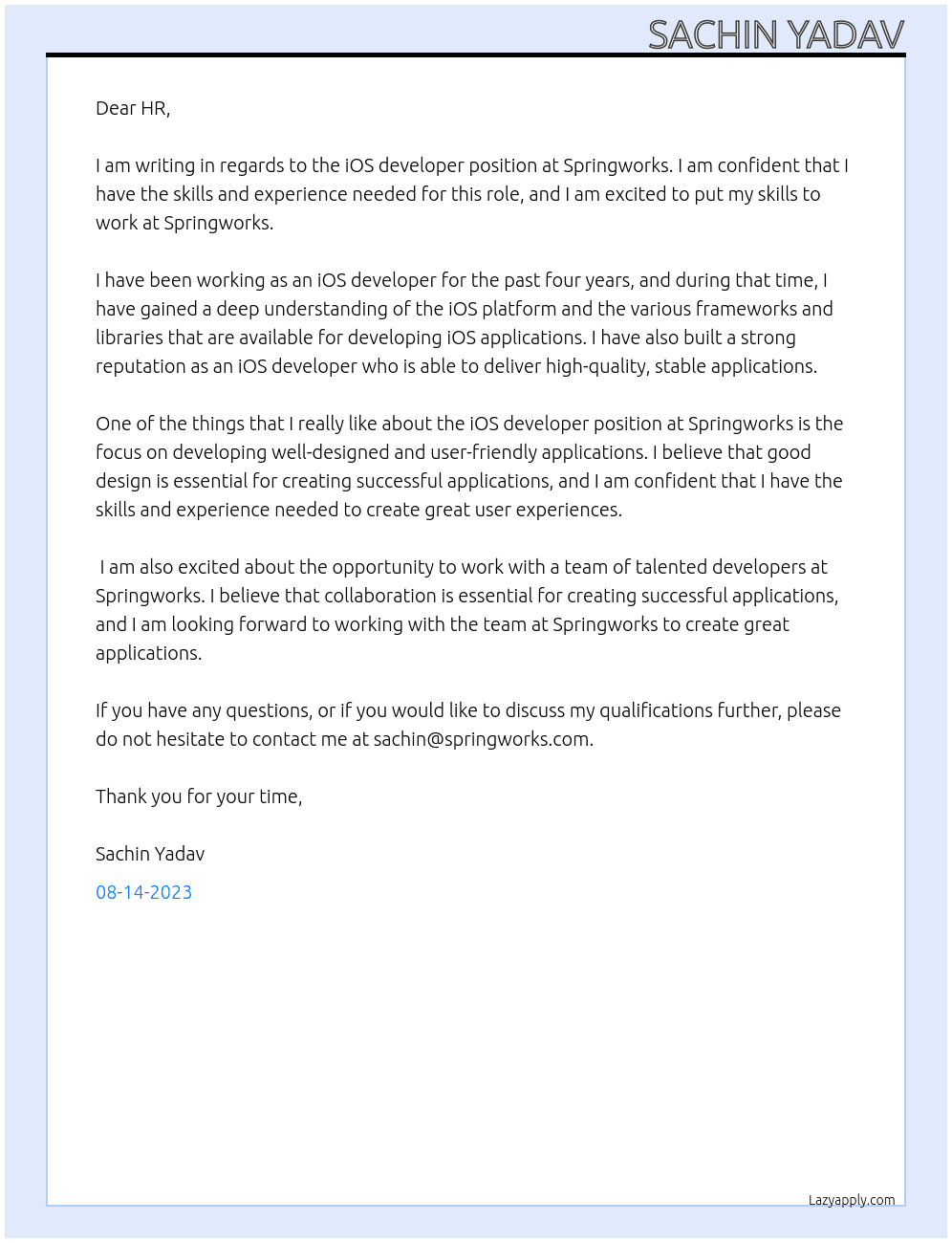 iOS devleloper At Springworks Cover Letter