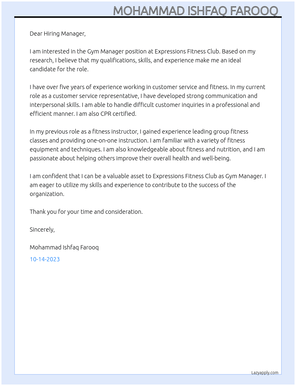 Gym manager  At Expressions fitness club Cover Letter