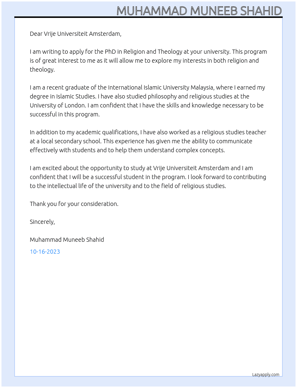 PhD in Religion and Theology  At Vrije Universiteit Amsterdam Cover Letter
