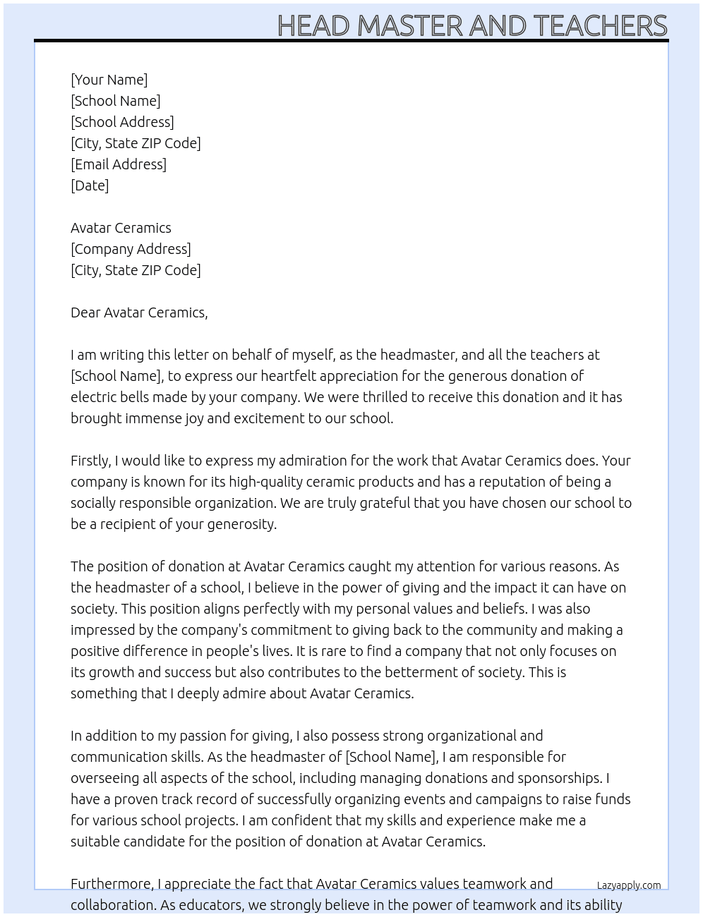 Donation At Appreciation for electric bell donation Cover Letter