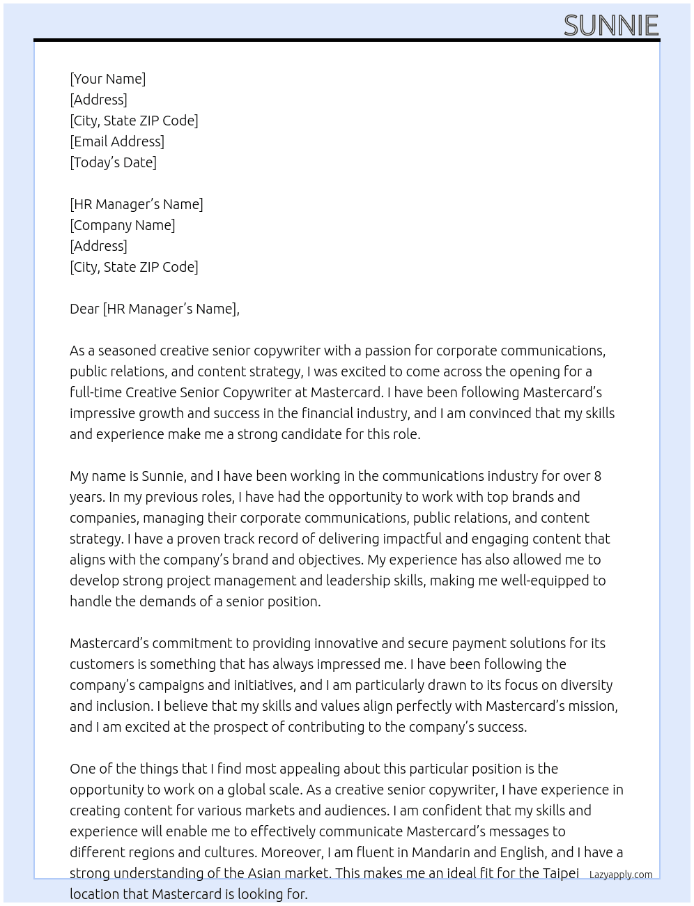 Cover letter for creative senior copywriter - LazyApply