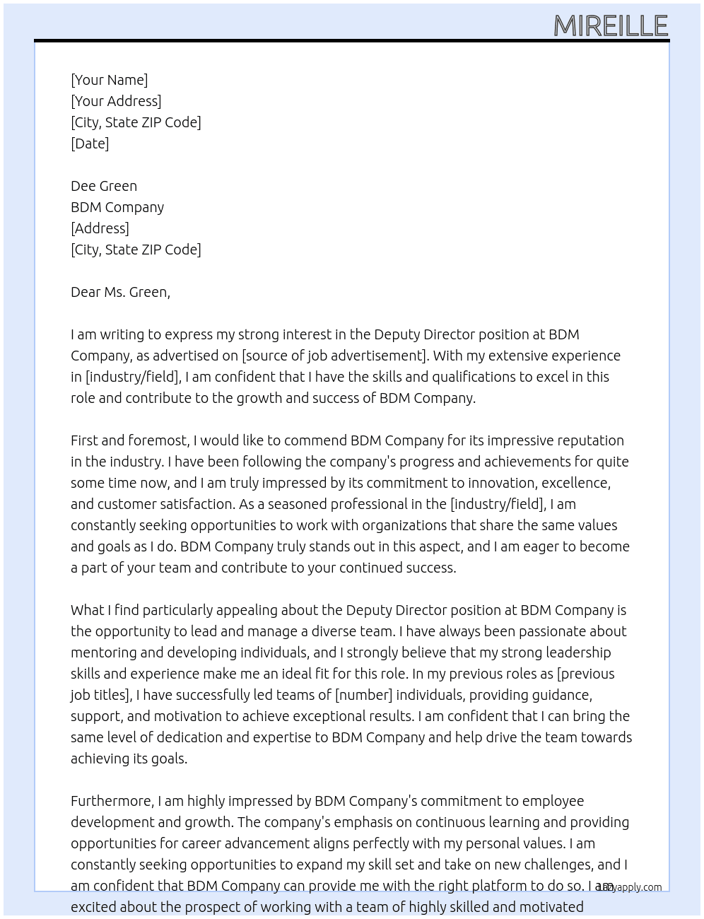 Deputy Director At BDM Cover Letter