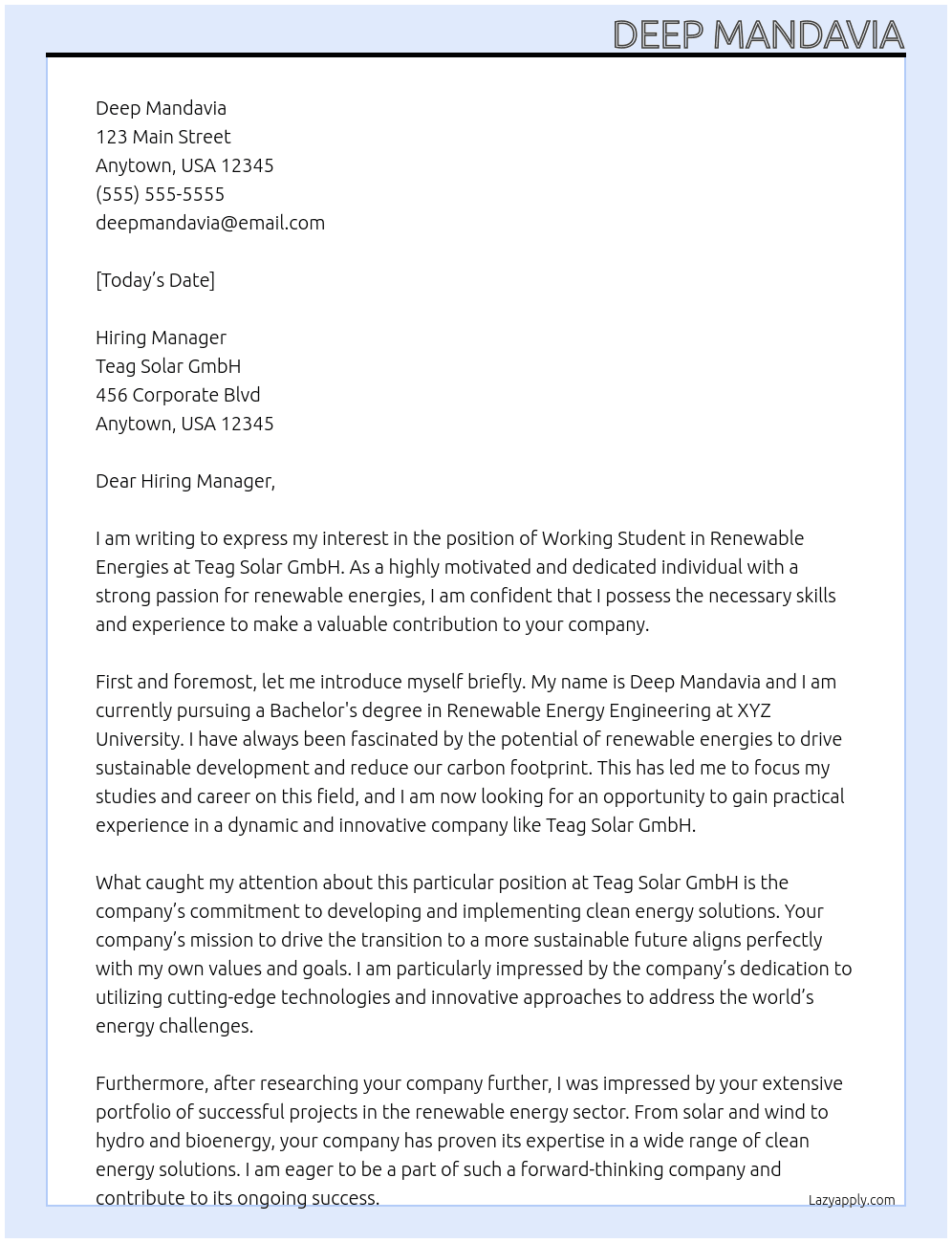 Working student Renewable Energies At Teag Solar GmbH Cover Letter