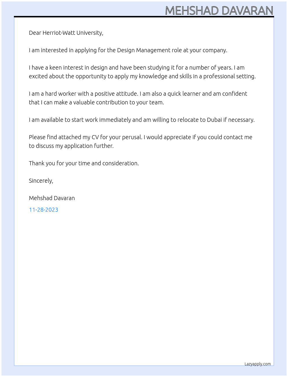 Design management At Herriot-watt university Cover Letter