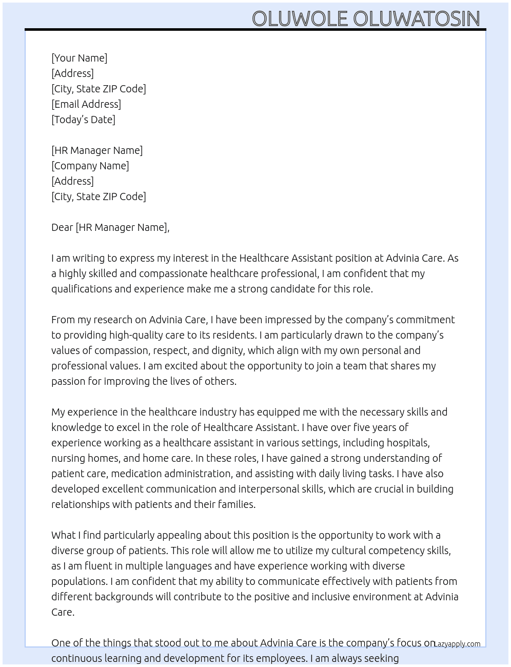 Healthcare Assistant  At Advinia care  Cover Letter