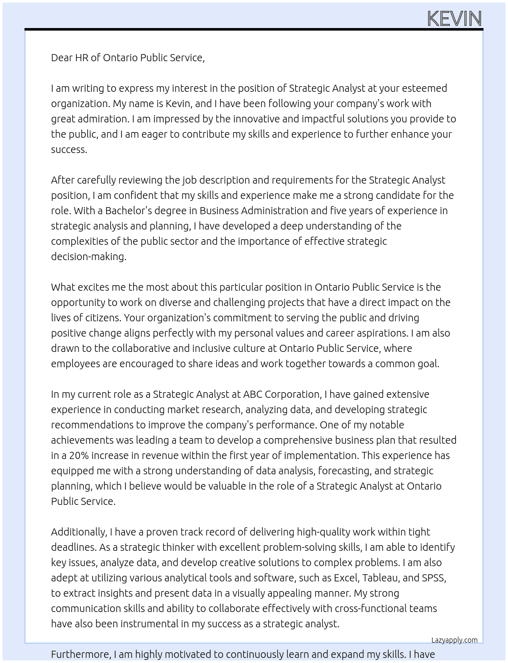 Strategic Analyst  At Ontario Public Servie Cover Letter